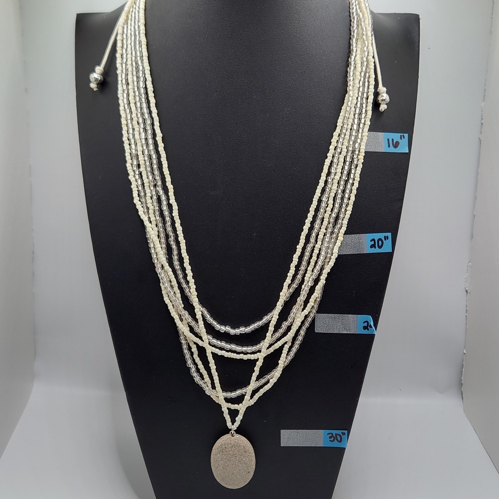 Boho Multi Strand Seed Bead Polished Natural Stone‎ Pendant Necklace Coastal